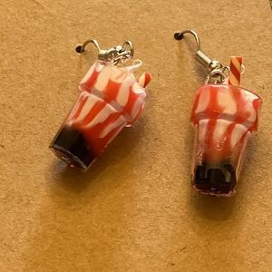 Cute red milkshake earrings with silver looking wires and random gift bag